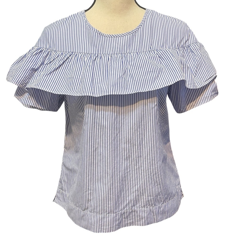 J. Crew Blue White Stripe Edie Ruffle Nautical Beachy Preppy Cotton Blouse Top